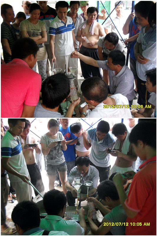 2012年7月中旬合肥立新菌种场培训学校学员在合肥立新菌种场培训学校现场实习食用菌菌种制作技术——制作一级母种培养基